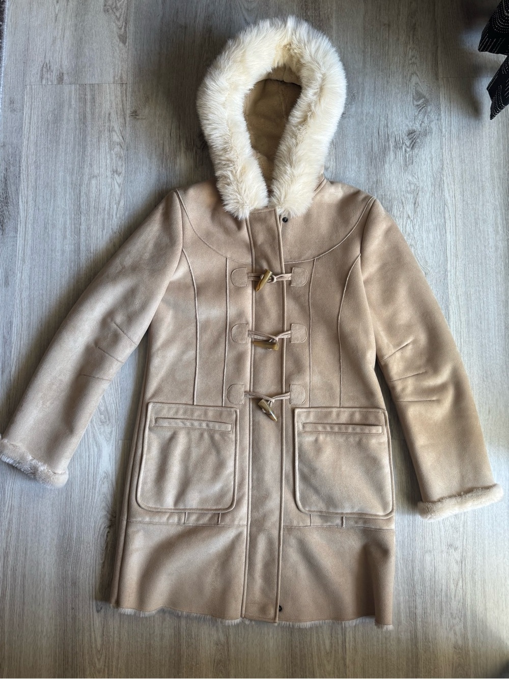 Vintage Larry Levine Tan Soft Faux Fur Trim Winter Hooded Jacket Warm Coat XS